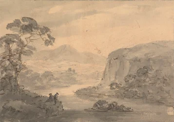 Bjerget landskab med to figurer med udsigt over en sø