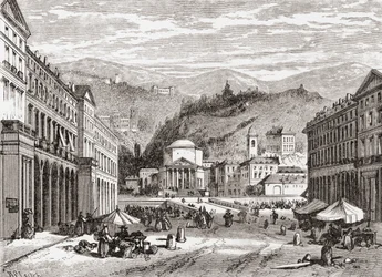 En gade i Torino, Italien, i slutningen af det 19. århundrede. Fra Italian Pictures af Rev. Samuel Manning, udgivet ca. 1890.