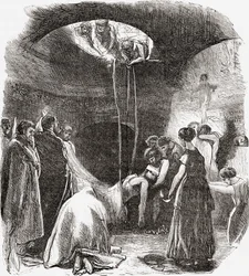 En tidlig kristen begravelse i katakomberne i Rom, Italien. Fra Italian Pictures af Rev. Samuel Manning, udgivet ca. 1890.