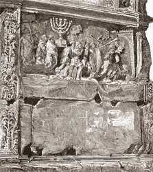 Basrelief af det sydlige panel "Krigsbyttet", der viser triumftoget, på Titusbuen, Via Sacra, Forum Romanum, Rom, Italien. Fra Italian Pictures af Rev. Samuel Manning, udgivet ca. 1890.