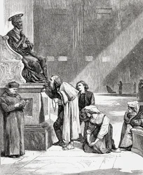 Folk kysser fødderne på statuen af Sankt Peter inde i Peterskirken, Vatikanstaten, Rom i slutningen af det 19. århundrede. Fra Italian Pictures af Rev. Samuel Manning, udgivet ca. 1890.