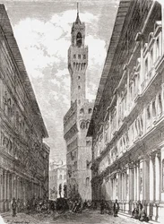 Uffizierne, Palazzo Vecchio og statuer på Piazza della Signoria, Firenze, Italien i slutningen af det 19. århundrede. Fra Italian Pictures af Rev. Samuel Manning, udgivet ca. 1890.