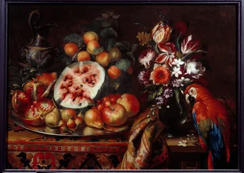 Stilleben med rød papegøje og frugt Passionsfrugt, pære, fersken og abrikoser. Maleri af Reynaud Levieux Reynaud (ca. 1625-1690) 1600-tallets Marseille, Musee des Beaux Arts