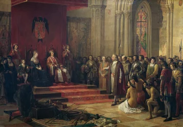 Christoffer Columbus modtages af de Katolske Monarker i Barcelona ved sin hjemkomst fra sin første rejse til Amerika, maleri fra 1874 af Ricardo Balaca (1844-1880)