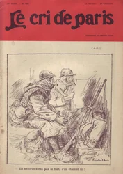 Illustration af Ricardo Flores (1878-1918) til forsiden af Le Cri de Paris, 20/02/16 - La-bas "" De ville ikke råbe så højt, hvis de var her.""" - 14-18-krigen , Presse/Medie, Soldaterliv, Skyttegrave, Dagligliv, Rygning, Jam, Rifler - Soldater, Civilia