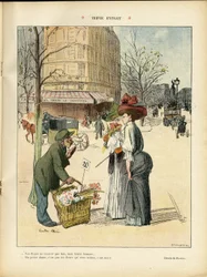 Illustration af Ricardo Flores (1878-1918) i Le Rire, 25/04/08 - Tredobbelt uddrag - Arkitektur Urbanisme, Mode, Hat, Transport, Blomster, Butikker