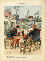 Illustration af Ricardo Flores (1878-1918) i Le Lire, 08/08/08 - Familie - Armee, Restaurantcaféer, Vin, Alkohol Alkoholisk - Kaffedreng, Servitricer Servitricer, Soldater