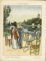 Illustration af Ricardo Flores (1878-1918) i Le Rire, 04/07/08 - Smukke søndage - Fritid, Naturvegetation, Arkitektur Urbanisme, Restaurantcaféer, Maritime Marine Seaside