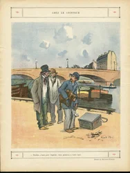 Illustration af Ricardo Flores (1878-1918) i Le Rire, 05/10/12 - Hos frisøren - Paris, Professioner, Arkitektur Byplanlægning, Bro, River River - Hund, Frisør