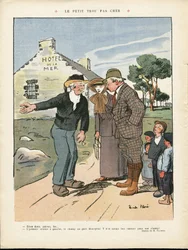 Illustration af Ricardo Flores (1878-1918) i Le Rire, 20/07/12 - Det billige lille hul - Landskab, Mode, Maritim Hav ved havet, Herremode, Turisme Turister, Hotel