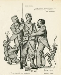 Illustration af Ricardo Flores (1878-1918) i Le Rire, 21/06/13 - Sales kidses - Armee, Militærtjeneste, Socialisme - Jaures Jean, Caillaux Joseph (1863-1944), Painleve Paul (1863-1933)