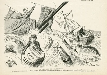 Illustration af Ricardo Flores (1878-1918) i Le Rire, 25/05/12 - Radikalismens skibbrud - Radikalisme, Maritime Marine Seaside, Rygning, Yachting, Tobak - Combes Emile (1835-1921), Andre Louis (1838-1913) ), Pelletan Camille (1846-1915) - Grafisk parod