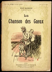 Gammel mand og lille dreng, iført rejseknuder og sko svøbt i klude, på en vej, illustration af Ricardo Flores (død 1918), til forsiden af samlingen af tekster og digter med titlen "La chanson des gueux"", af Jean Richepin (1849-1926), franskmændene