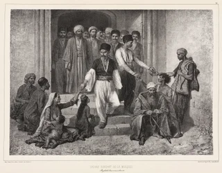 Tatarer, der kommer ud af moskeen, Baghtcheh-Sarai, Krim