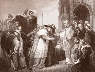 Kardinal Wolsey ved Leicester Abbey, graveret af R. Walther (litho)