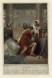 Illustration til Shakespeares Macbeth, Act III, scene 4 (farvet gravering)