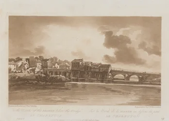 På bredden af Marne under broen ved Charenton 1803; Plade 19 fra Views in Paris, Emanuel Volume-sporingen af pladen B1981.25.2628