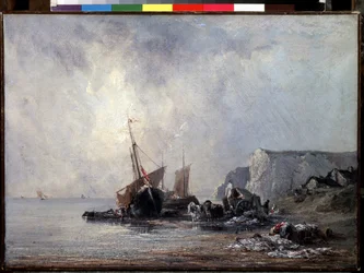 ""Boats on the Normandy Shore"" (Boats at the Normandy Shore) Maleri af Richard Parkes Bonington (1802-1828) 1823-1824 Dim. 33x46 cm Sankt Petersborg, Eremitagemuseet