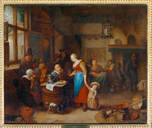 Drikkegæster på et værtshus, en baby i en vugge - Drinkers et musiciens dans un cabaret, avec enfant au cerceau ...