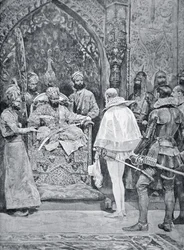 Akbar den Store modtager dronning Elizabeths ambassadør i 1599 (litografi)