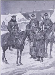 Anholdelse af japanske spioner opdaget som kulier, illustration fra Cassells History of the Russo-Japanese War Vol 1, ca. 1900