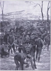 Japansk kavalerilejr i Seoul: Beslagsmeder på arbejde, illustration fra Cassells History of the Russo-Japanese War Vol 1, ca. 1900