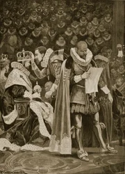 Hyldesten, rundhåndetheden og den almindelige benådning ved kroningen af Jakob 1. og Anna af Danmark, 25. juli 1603, fra «The Illustrated London News», 1902
