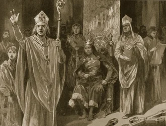 Hubert Walters, ærkebiskop af Canterburys, tale ved kroningen af Johan på Kristi himmelfartsdag, 27. maj 1199, fra »The Illustrated London News«, 1902