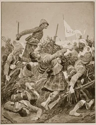 Seaforth Highlanders stormer zareba i slaget ved Atbara, illustration fra 