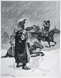 Turkisk-basjkirske kosakbueskytter forfulgte og forfulgte Napoleons hærs tilbagetog fra Rusland i 1812 (farve litho)