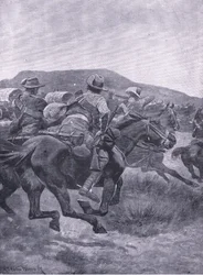 Yeomanry angriber De Wets bagtrop og transport, fra After Pretoria: The Guerilla War udgivet af Harmsworth Bros Limited, 1901
