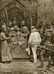En tidlig engelsk ambassade til Indien, 1599, illustration fra »Hutchinsons fortælling om den britiske nation«, ca. 1923