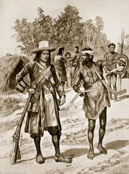Dampier undersøger en boomerang i Australien, illustration fra 