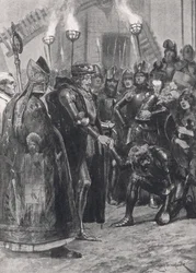 Edward III hilser på prinsen af Wales efter slaget ved Crecy, illustration fra "British Battles on Land and Sea", udgivet af Cassell, London, ca.1910