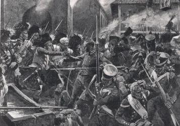The 42nd Highlanders driver franskmændene ud af Elvina, illustration fra 