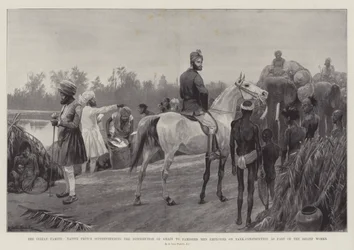 Den indiske hungersnød, indfødt prins, der overvåger distributionen af korn til udsultede mænd ansat ved tankkonstruktion som en del af nødhjælpsværkerne