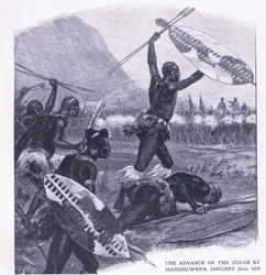 Zuluernes fremmarch ved Isandhlwana 22. januar 1879, illustration fra britiske slag på land og hav, 1915