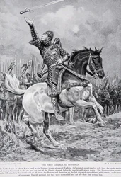 Det første angreb ved Hastings: Troubaduren og sværdjongløren Taillefer red ud fra rækkerne, mens han sang og kastede sit sværd i luften, 1066, illustration fra „Hutchinsons historie om den britiske nation“