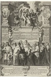 Instelling van de broederschap Militia Angelica af Thomas Aquinas, 1649 Oprindelsen af ​​englemilitsen, den guddommelige Thomas Aquinas; under hans himmelske kyskhedsbælte, indstiftet (titel på objekt)