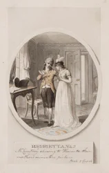 Hr. Courtney viser Henrietta deres mors miniaturebillede, Bog 5, kapitel 4, illustration til en 1798-udgave af "Henrietta" af Charlotte Lennox, ca. 1798 (blyant og wc på papir)