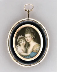 Portræt af en mor og datter, ca. 1765-70 (akvarel på elfenben, 9 karat rosa guld, hår og glas)