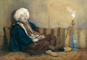 Portræt af Sir Thomas Philips i østlig dragt, liggende med en vandpibe (hvidt hævet med hvidt på papir)