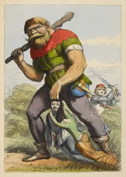 Jack nærmer sig en kæmpe bagfra. Kæmpen slæber en ridder af det runde bord i håret. En dame holder fast i ridderen. Farveillustration i en børnebog.