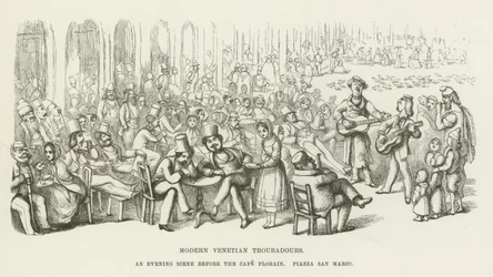 Moderne venetianske trubadurer, en aftenscene før Cafe Florian, Piazza San Marco