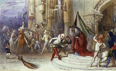 Heksen og hendes kosteskaft (pen og blæk, gouache og akvarel)
