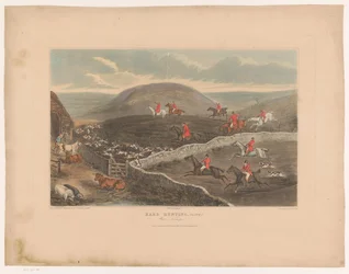Landskab med hunde og jægere til hest, der løber gennem marker Harejagt, Plade 2. Krigsroer! (titel på objekt)