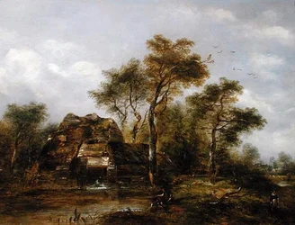 Overshot Mill with Man Fishing (olie på lærred)