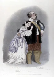 Giulia Grisi og Luigi Lablache i 3. akt af Puritanerne af Vincenzo Bellini. Litografi af R. J. Lane. 1835