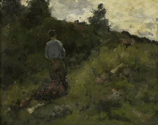 En bonde, der går langs udkanten af en skov