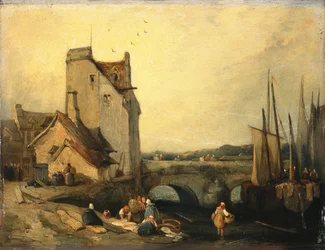 Udsigt i Bretagne: Bridge, Cottages and Washerwoman (olie på panel)